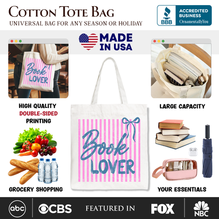 Book Lover Striped Reader Tote Bag, Coquette Bookworm Gift Shopper - Dashing Nova