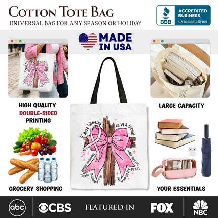 Breast Cancer Pink Bow Cross Tote Bag, Awareness Faith Christian Gift Shopper