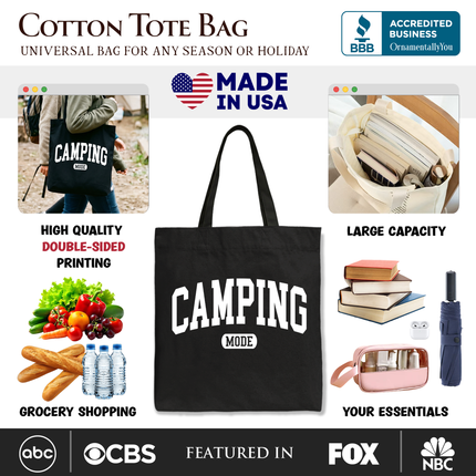 Camping Mode Varsity Tote Bag, Minimalist Outdoors Gift Shopper - Dashing Nova