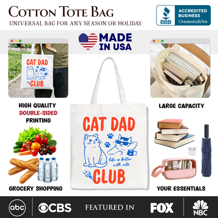 Cat Dad Club Retro Tote Bag, Funny Father's Day Gift Shopper - Dashing Nova
