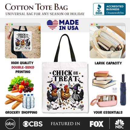 Chick or Treat Chicken Tote Bag, Funny Farmhouse Halloween Gift Shopper - Dashing Nova
