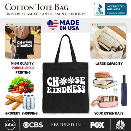 Choose Kindness Daisies Tote Bag, Retro Groovy Positive Quote Gift Shopper