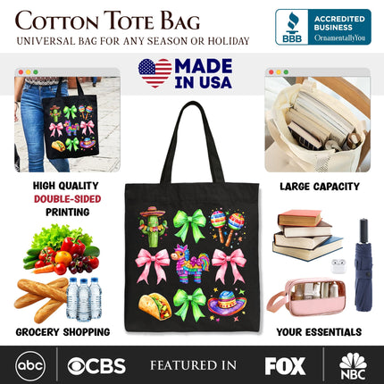 Cinco De Mayo Coquette Bow Tote Bag, Mexican Fiesta Maracas Gift Shopper - Dashing Nova