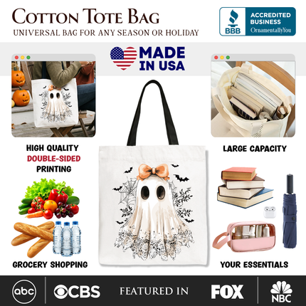 Coquette Ghost Tote Bag, Cute Halloween Gift Shopper for Girly Ghouls - Dashing Nova