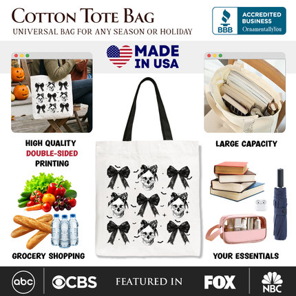 Coquette Skulls and Bows Tote Bag, Gothic Halloween Gift Shopper for Stylish Women - Dashing Nova