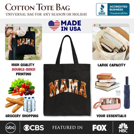 Cow Print Mama Western Tote Bag, Faux Cowhide Mom Gift Shopper - Dashing Nova