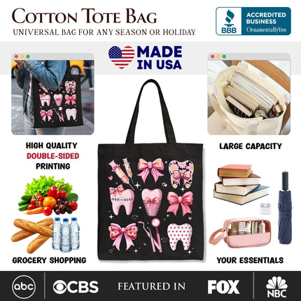 Dental Squad Coquette Canvas Tote Bag, Pink Teeth Dentist Life Bow Gift Shopper - Dashing Nova