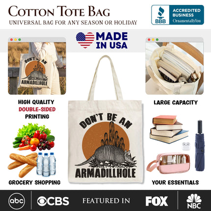 Don’t Be An Armadillhole Armadillo  Canvas Tote Bag, Funny Western Animal Gift Shopper - Dashing Nova