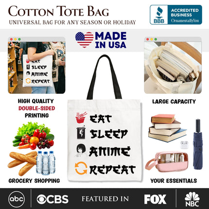 Eat Sleep Anime Repeat Tote Bag, Funny Gift Shopper For Anime Lover - Dashing Nova