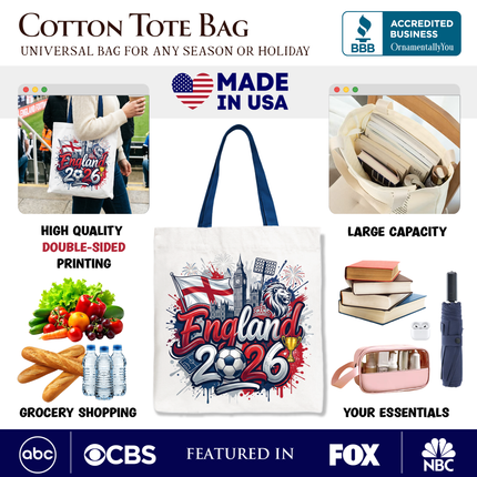 England 2026 Soccer Cup Global Championship Tote Bag, Fans Football Gift Shopper - Dashing Nova