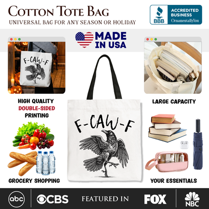 F-CAW-F Gothic Raven Tote Bag, Snarky Halloween Gift Shopper for Sassy Goths and Crow Lovers - Dashing Nova