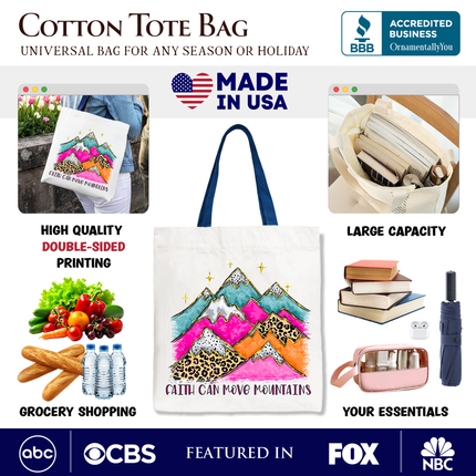 Faith Can Move Mountains Christian Tote Bag, Leopard Inspirational Gift Shopper - Dashing Nova