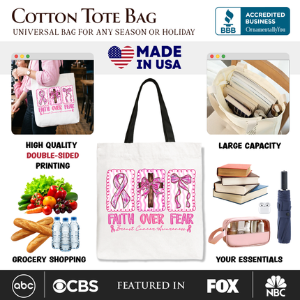 Faith Over Fear Breast Cancer Christian Tote Bag, Pink Ribbon Awareness Gift Shopper - Dashing Nova