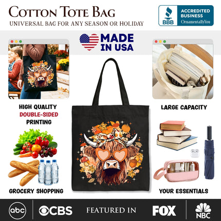Fall Highland Cow Tote Bag, Messy Bun Howdy Gift Shopper with Autumn Vibes - Dashing Nova