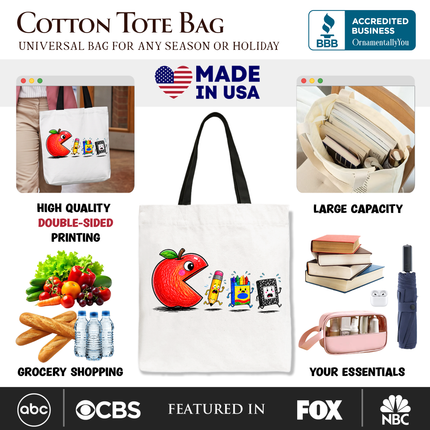 Funny Apple 1st Day of School Tote Bag, Gift Shopper for Teacher