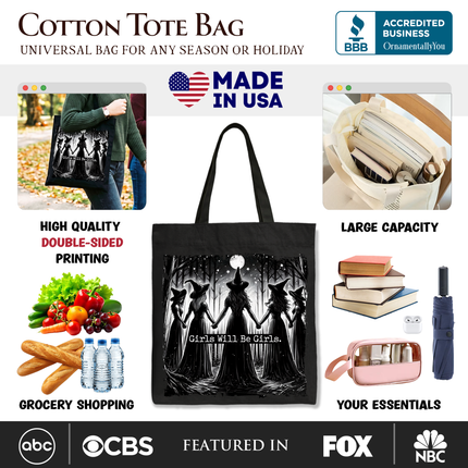 Girls Will Be Girls Tote Bag, Spooky Witch Coven Gift Shopper for Empowered Women - Dashing Nova