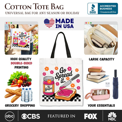 Go Spread It Christian Tote Bag, Cute Gospel Jam and Toast Gift Shopper - Dashing Nova