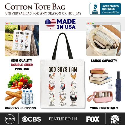 God Says I Am Christian Tote Bag, Rooster and Chicken Gift Shopper for Farm Style Lovers - Dashing Nova