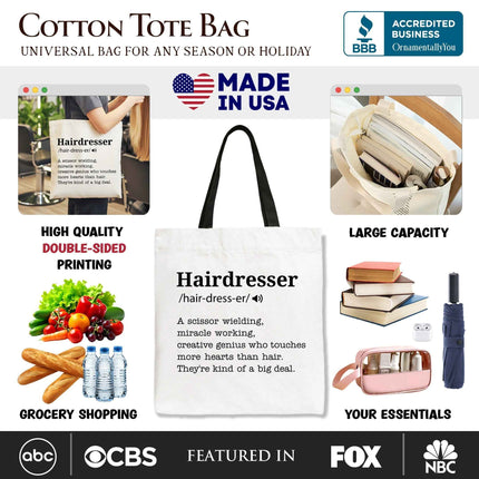 Hairdresser Definition Canvas Tote Bag, Funny Gift Shopper for Creative and Talented Stylists