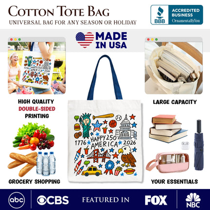 Happy 250 America Doodle Tote Bag, Patriotic USA 1776-2026 250th Anniversary Gift Shopper - Dashing Nova