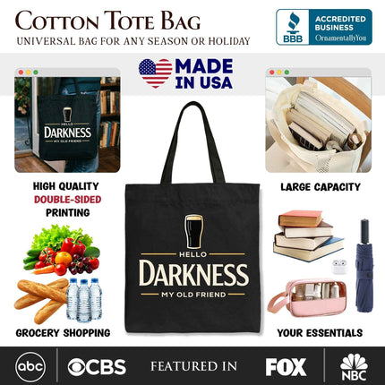 Hello Darkness My Old Friend Tote Bag, Dark Beer Lover Gift Shopper