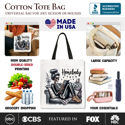 Homebody Reading Skeleton Tote Bag, Funny Lazy Selfcare Gift Shopper for Introvert Women - Dashing Nova