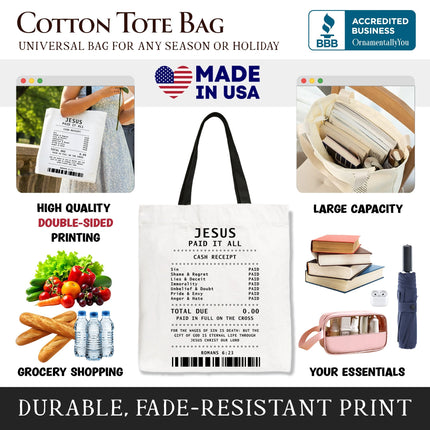Jesus Paid It All Cash Receipt Tote Bag, Christian Gift Shopper for Believers - Dashing Nova