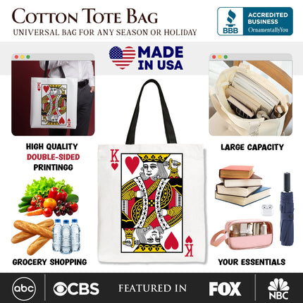 King of Hearts Card Canvas Tote Bag, Classic Retro Love Valentine Gift Bag - Dashing Nova
