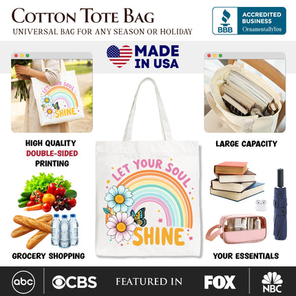 Let Your Soul Shine Rainbow Tote Bag, Retro Pastel Floral Feel Good Gift Shopper - Dashing Nova
