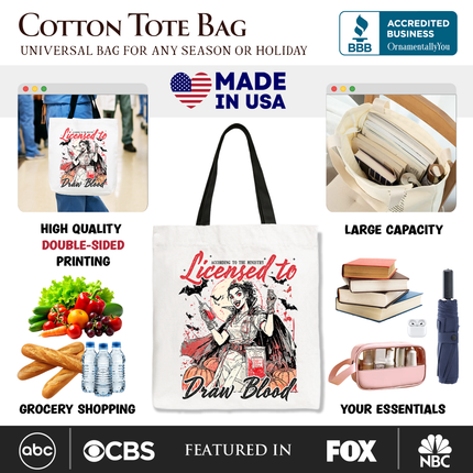 Licensed to Draw Blood Halloween Nurse Tote Bag, Groovy Gift Shopper for Spooky Season - Dashing Nova