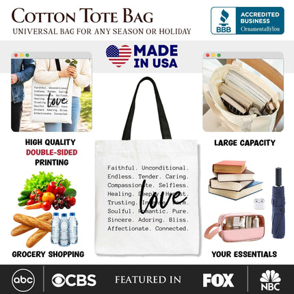 Love Definition Words Canvas Tote Bag, Minimalist Valentine Inspirational Love Gift Shopper