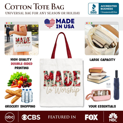 Made to Worship Printed Faux Yarn Crochet Christian Tote Bag, Floral Retro Faith Gift Shopper - Dashing Nova