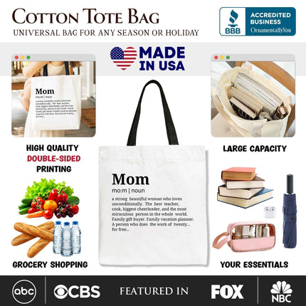 Mom Definition Canvas Tote Bag, Funny Mothers Day Gift Shopper