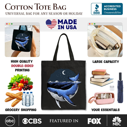 Moonlit Whale Vintage Tote Bag, Night Ocean Retro Gift Shopper - Dashing Nova