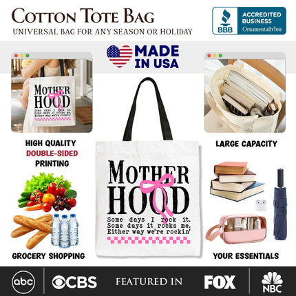 Motherhood Coquette Pink Bow Tote Bag, Retro Checkered Gift Shopper