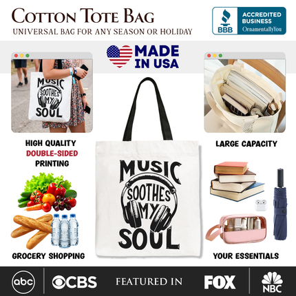 Music Soothes My Soul Tote Bag, Festival Concert Gift Shopper - Dashing Nova