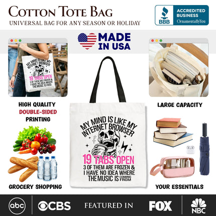 My Mind is Like My Internet Browser Tote Bag, Sassy Overstimulated Skeleton Funny Gift Shopper - Dashing Nova