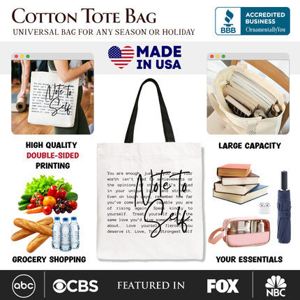Note To Self Mental Health Tote Bag, Motivational Definition Gift Shopper - Dashing Nova