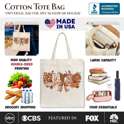 Nurse Coquette Autumn Tote Bag, Cozy Fall Pumpkins for Nurses - Dashing Nova