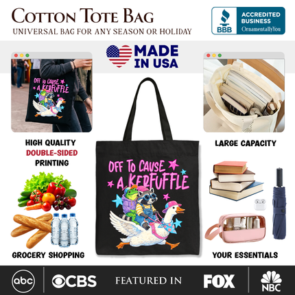 Off To Cause A Kerfuffle Tote Bag, Frog Raccoon Goose Funny Animal Gift Shopper - Dashing Nova