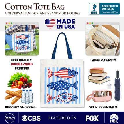 Patriotic Fish Striped Tote Bag, 4th of July Beach Gift Shopper - Dashing Nova