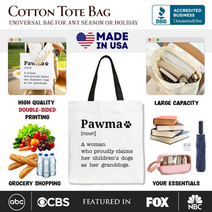 Pawma Definition Canvas Tote Bag, Funny Dog Lovers Mom Gift Shopper - Dashing Nova