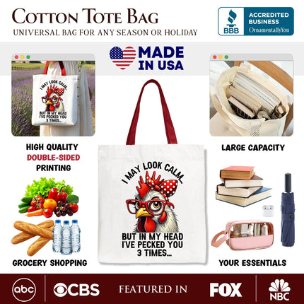 Pecking Chicken Tote Bag, Red Glasses and Bow White Gift Shopper for Sassy Women - Dashing Nova