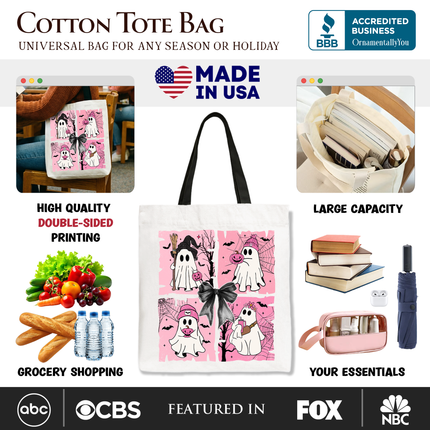 Pink Halloween Ghost Tote Bag, Coquette Spooky Season Gift for Girly Aesthetic - Dashing Nova