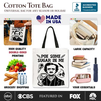 Poe Some Sugar On Me Tote Bag, Funny Edgar Allan Poe Retro Gift Shopper for Dark Academia Enthusiasts - Dashing Nova