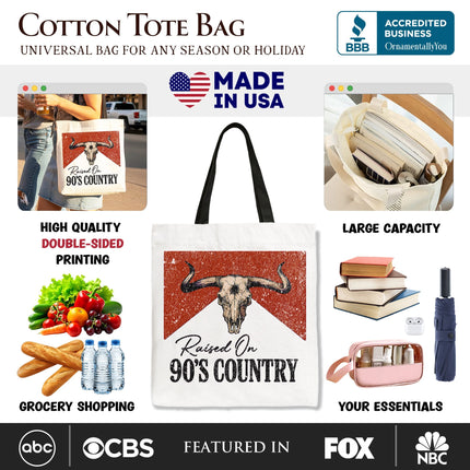 Raised On 90s Country Tote Bag, Vintage Bull Skull Gift Shopper - Dashing Nova