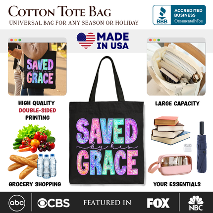 Saved By His Grace Printed Faux Sequin Christian Tote Bag, Religious Love Gift Shopper - Dashing Nova
