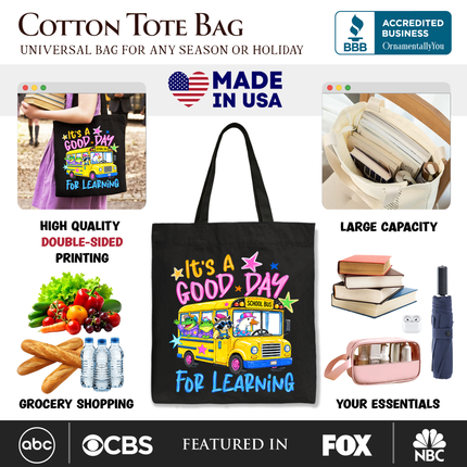 School Bus Good Day for Learning Tote Bag, Funny Back to School Gift Shopper