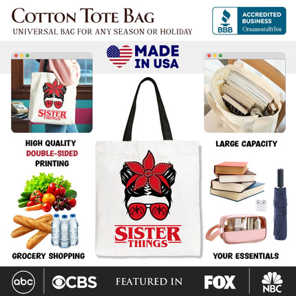 Sister Things Messy Bun Retro Canvas Tote Bag, Red Bandana Glasses Family Matching Gift Shopper - Dashing Nova