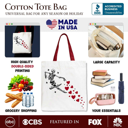 Skeleton Hearts Valentine Tote Bag, Playful Funny Gift Shopper